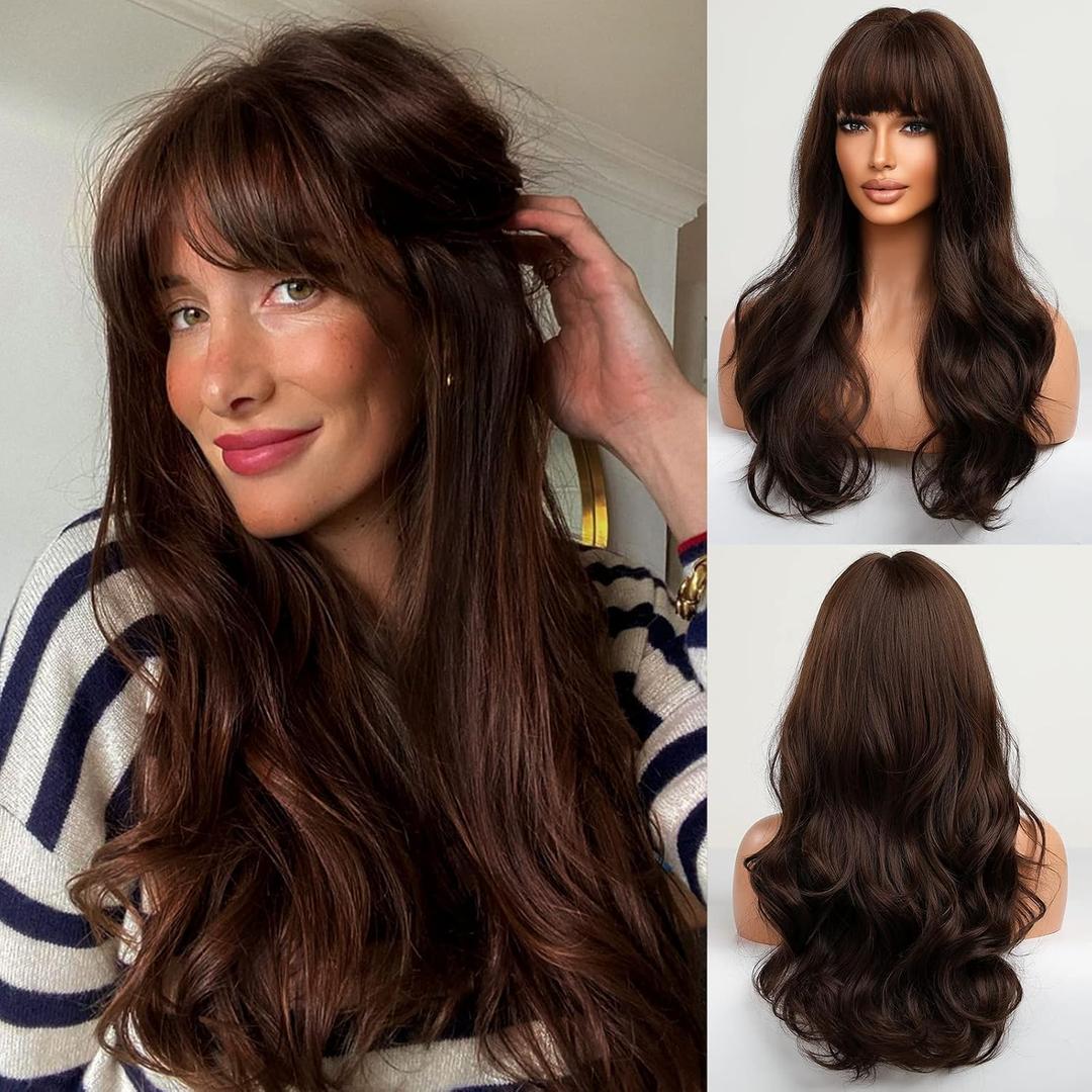 HAIRCUBE Long Brown Wig with Bangs Wave Curly Wigs for Women 26 inch Heat Resistant Natural Synthetic Wig for Daily Use,  Brown