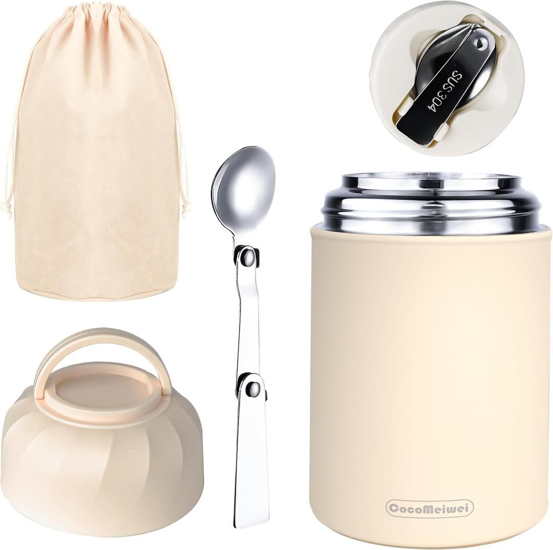 CocoMeiwei Thermo for Hot Food & Drinks, Thermo Lunch Box, 17oz Vacuum Insulated Food Container with Spoon&Drawstring Bag, Soup Thermo for Adults, White