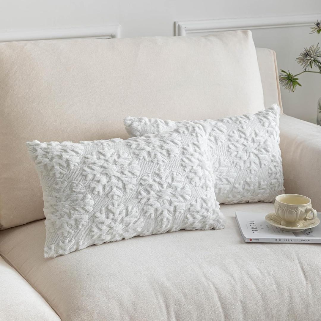 Christmas Snowflake Decorative Throw Pillow Covers Set of 2 Packs, Soft Fluffy Pillowcases for Home Dcor, Boho Pillow Covers for Couch Bedroom(White-Snowflake, 12"x20")