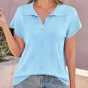 Saodimallsu Womens Short Sleeve Sweater Tops Solid Lapel V Neck Knit Shirt Summer Casual Basic Pullover (Blue, S)