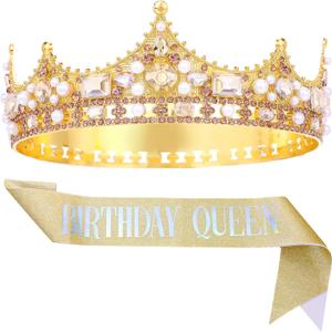 FORSEVEN King Crown for Men Crystal Pearl Wedding Tiaras Birthday Party Round Crowns Christmas Crowns (Gold&Sash)