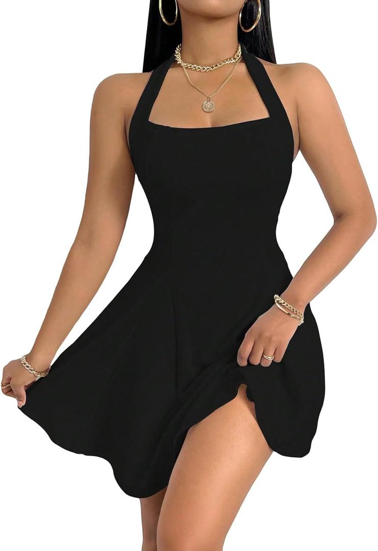 Milumia Women's Halter Mini Dress Backless A Line Flare Party Club Short Dresses (Medium)