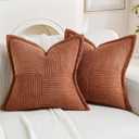 HAUSSY Pack of 2 Corduroy Throw Pillow Covers24x24 Inch, Rust | Decorative Striped Soft Boho Farmhouse Pillowcases, Machine Washable, Couch Bed Sofa Living Room Home Decor, No Insert