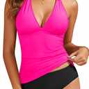 Yonique Womens Two Piece Swimsuits Tummy Control Tankini Plus Size Bathing Suit Halter V Neck Swimwear (X-Large, Pink)
