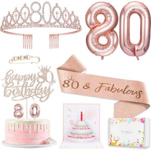 80th Birthday Gifts Decorations for Women, Including 80 year old Birthday Cake Topper, Birthday Queen Sash with Pearl Pin, Sweet Rhinestone Tiara Crown, Number Candles and Balloons Set, Rose Gold