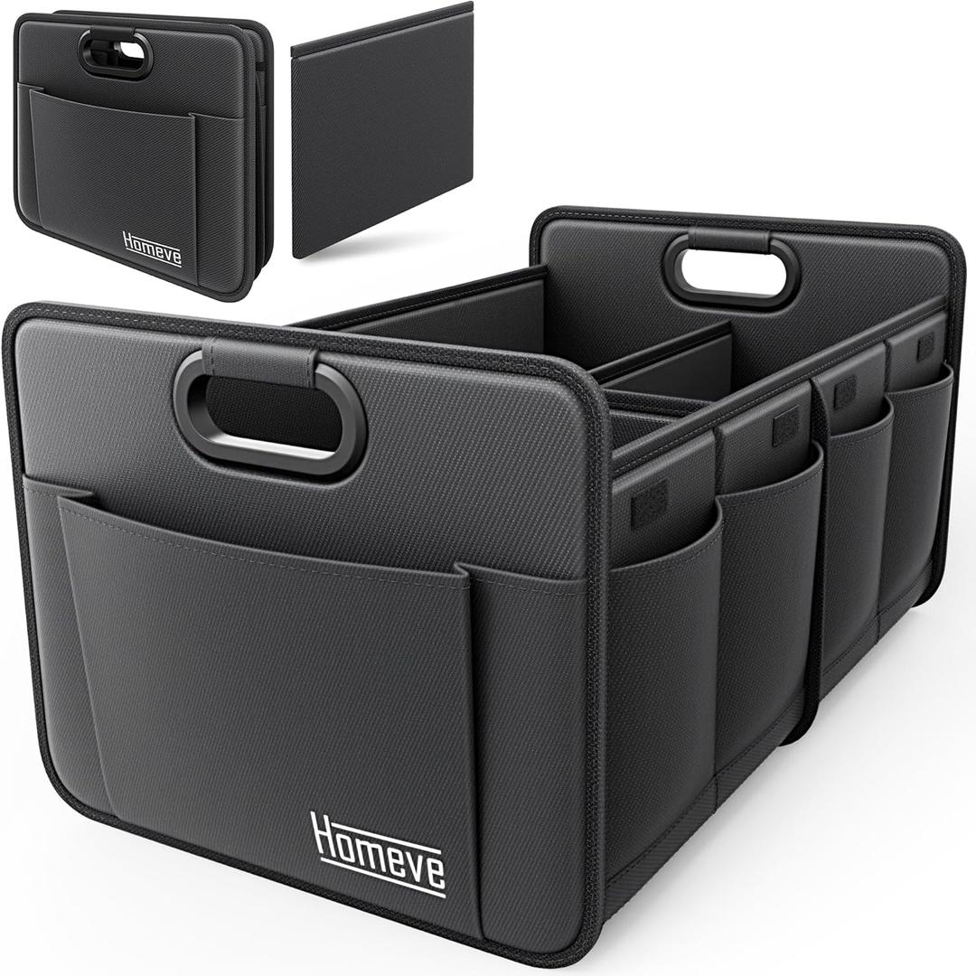 Homeve Trunk Organizer, Car Storage, Reinforced Handles, Collapsible Multi-Compartment, Foldable, Waterproof, Sturdy, 600D Oxford Polyester For Car, SUV, Mini-Van, Black, 2 Compart