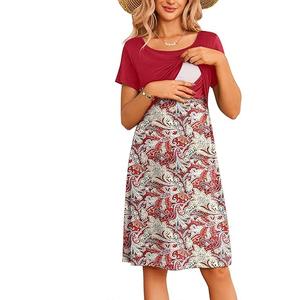 Ekouaer Women's Nursing Dress Summer Short Sleeve Patchwork Maternity Breastfeeding Knee Length Dress 2XL