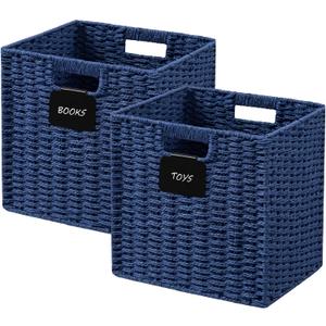 UBBCARE 2 Pack Wicker Basket, 10.5×10.5 Storage Cubes with Label, Foldable Cube Storage Bin with Handle, Square Storage Basket for Shelves, Woven Paper Rope Basket for Organizing, Blue