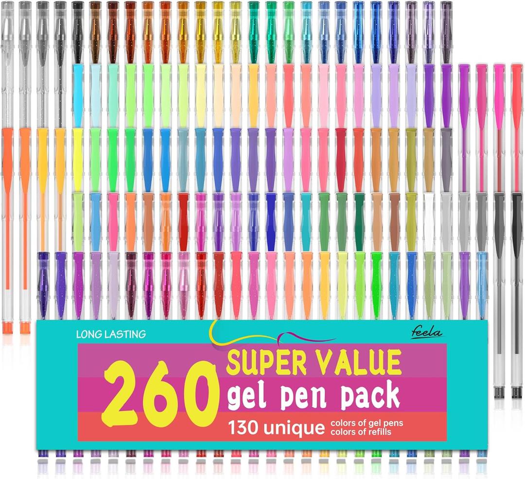 feela Gel Pens Set, 260 Pack 130 Colored Gel Pens Plus 130 Refills for Adult Coloring Books Drawing Kid Doodling Writing Sketching Highlighter Art Markers