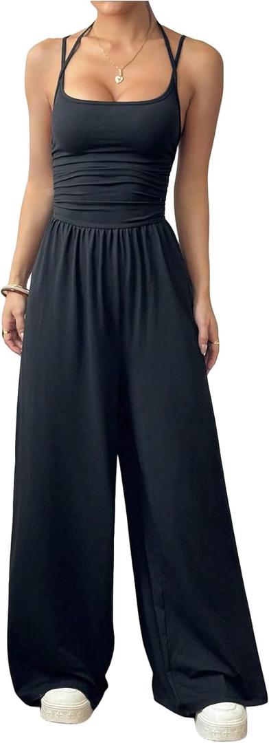 Floerns Women's Summer Jumpsuit Spaghetti Strap One Piece Outfit Wide Leg Baggy Pants Romper (Black Tall, Small)