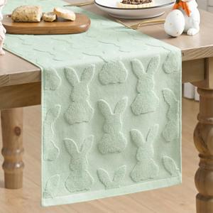 Artoid Mode Sage Green Soft Cotton Jacquard Bunny Easter Table Runner, Holiday Kitchen Dining Table Decoration for Home Party Decor 13x72 Inch
