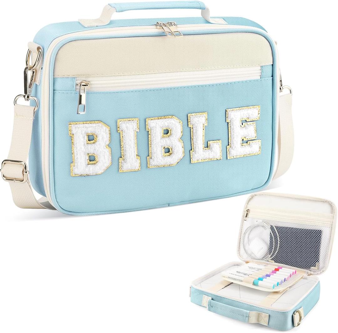 Bible Cover Case for Women Grils, Preppy Bible Bag with Adjustable Shoulder Strap, Waterproof Bible Carrying Tote Bags Holder for Bible Study Supplies Accessories & Christian Gifts (Blue) (Large)