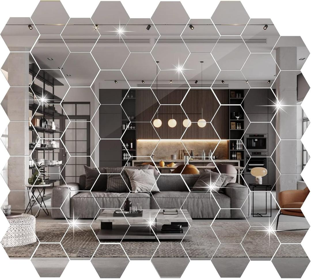 Maitys 72 Pcs Hexagon Mirror Wall Stickers Decal Removable Acrylic Mirror Sticky Decor for Bedroom Living Room Home Decor DIY, Silver (3.94 x 3.43 x 1.97 Inch)