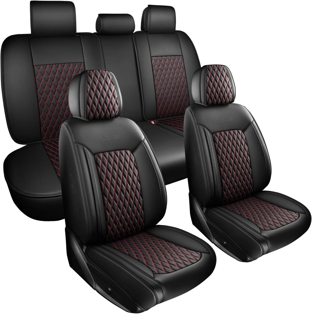 Car Seat Covers Full Set for SUV Trucks 5PCS,LuxuryThickTexture Nappa Leather 3D Design Universal Fit Car Seat Covers,Waterproof Automotive Seat Covers & Accessories,Style1 Black Red Line