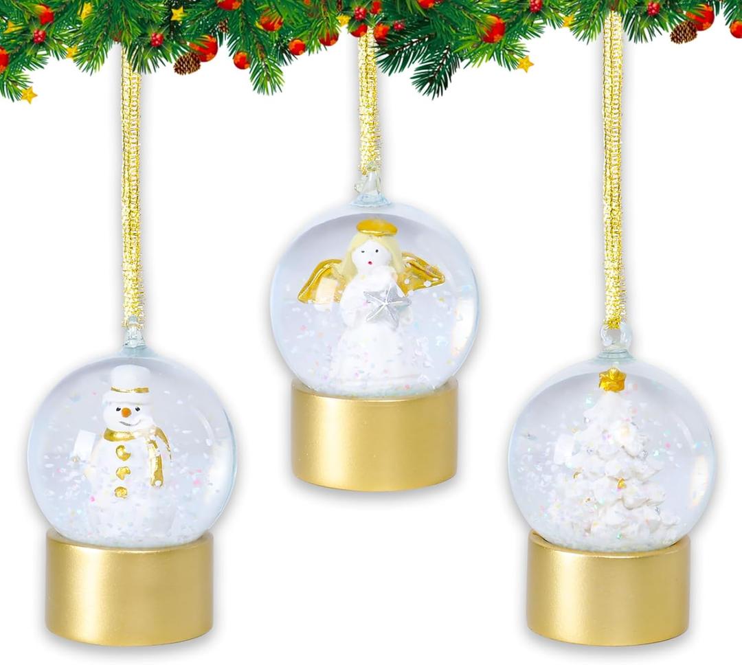 Yinns Christmas Tree Ornament, Snow Man Angel and Xmas Tree Mini Snow Globe Hanging Ornament for Christmas Tree Table Decoration (Golden White-3)