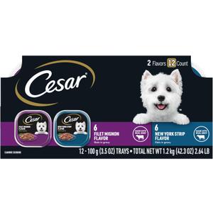Cesar Filets in Gravy Adult Wet Dog Food, Filet Mignon and New York Strip Flavors Variety Pack, 3.5 oz. (12 Count, Pack of 1), Best By: 05/2025