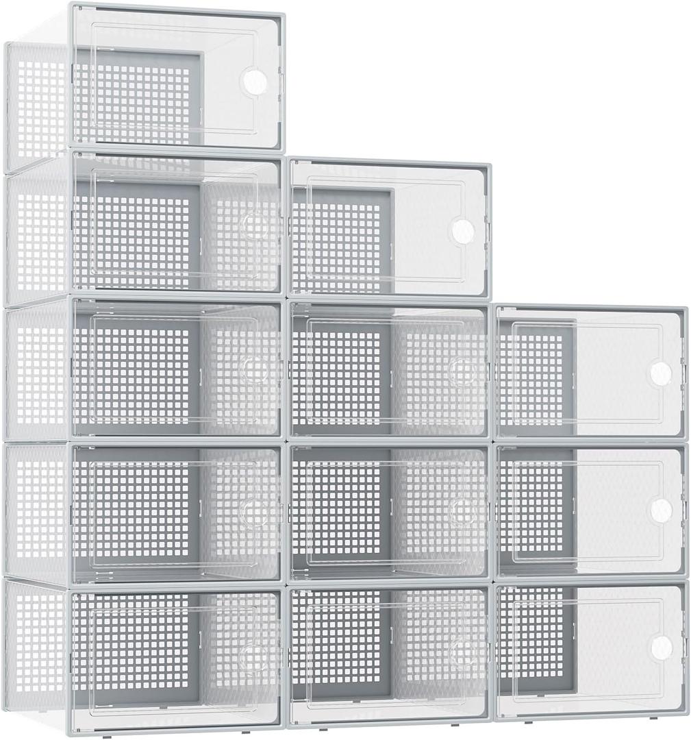 Kuject XX-Large Shoe Storage Boxes Organizers Clear Plastic Stackable 12 Pack, Shoe Rack & Holder Substitute, Sneaker Containers, Shoe Storage Organizer Bins for Closet, Under Bed, Grey(No Fold Line)