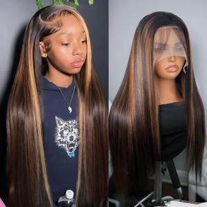 Vemalin Highlight Ombre Lace Front Wig Human Hair Straight Lace Front Wigs Human Hair Pre Plucked 13x4 1B/30 Brown Highlight Wig 200 Density Colored 32 Inch Balayage Wigs for Women