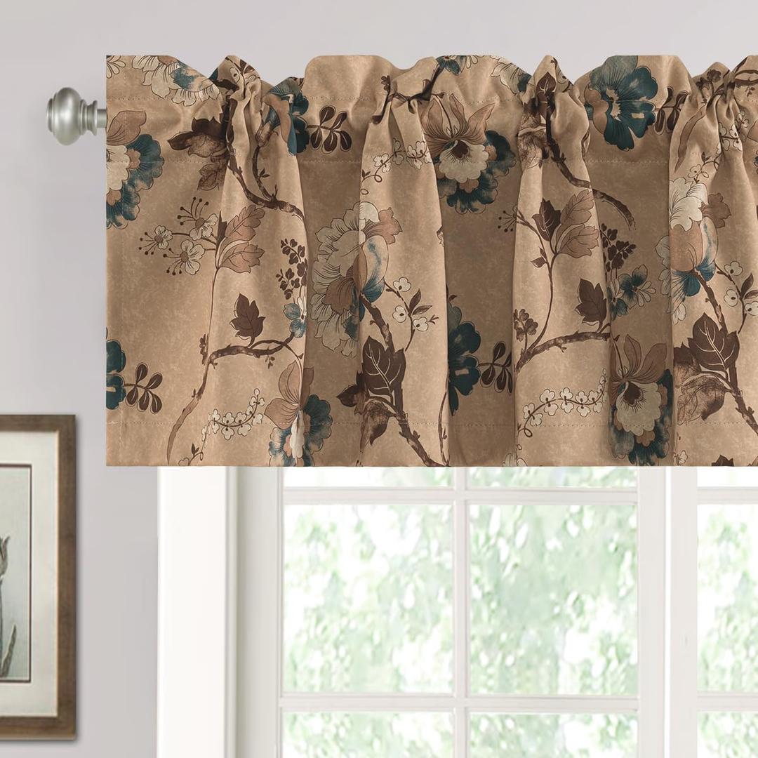 H.VERSAILTEX Blackout Curtain Valances for Kitchen Window/Living Room/Bathroom Privacy Added Rod Pocket Home Decoration Winow Valance, 52" W x 18" L, Floral in Brown and Blue