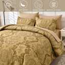 WONGS BEDDING Gold Comforter Set Queen Size, Damask Texture Design 7 Pieces Bed in a Bag Microfiber Comforter Bedding Sets -1 Comforter, 1 Flat Sheet, 1 Fitted Sheet, 2 Pillow Shams, 2 Pillowcases