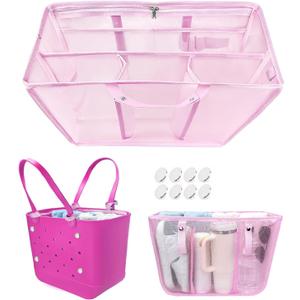 XYFuuee Beach Bag Organizer Inserts for Large Simple Modern Bag Accessories, with 8 Removable Metal Fasteners, Lightweight Mesh Insert Divider Pouch, Organizing Rubber Tote, Save Space, Pink