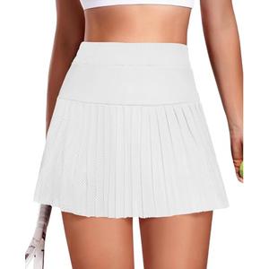 Fisoew Women's Mesh Tennis Skirts Built in Shorts High Waisted Pleated Athletic Golf Workout Skorts with Pockets White 29.5 x 38