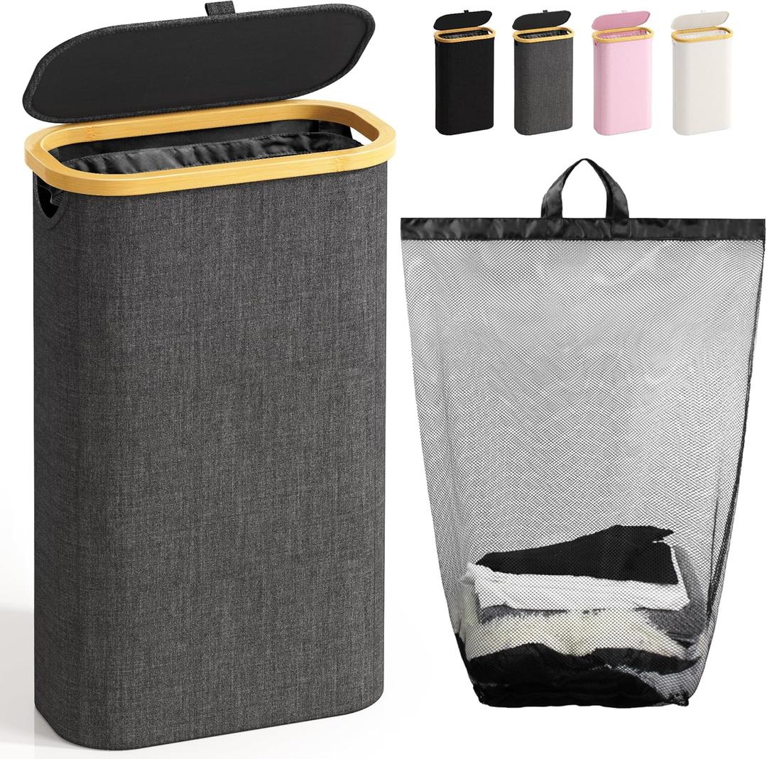 75L Slim Laundry Hamper with Lid, Dirty Clothes Hampers for Laundry, Collapsible Laundry Baskets for Small Spaces, Bedroom, Bathroom, Laundry Room, Dark Grey