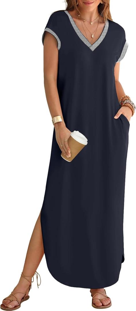 MEROKEETY Women's 2025 Spring Summer Maxi Dress Casual V Neck Split Beach Vacation Loose Long Dresses (S)