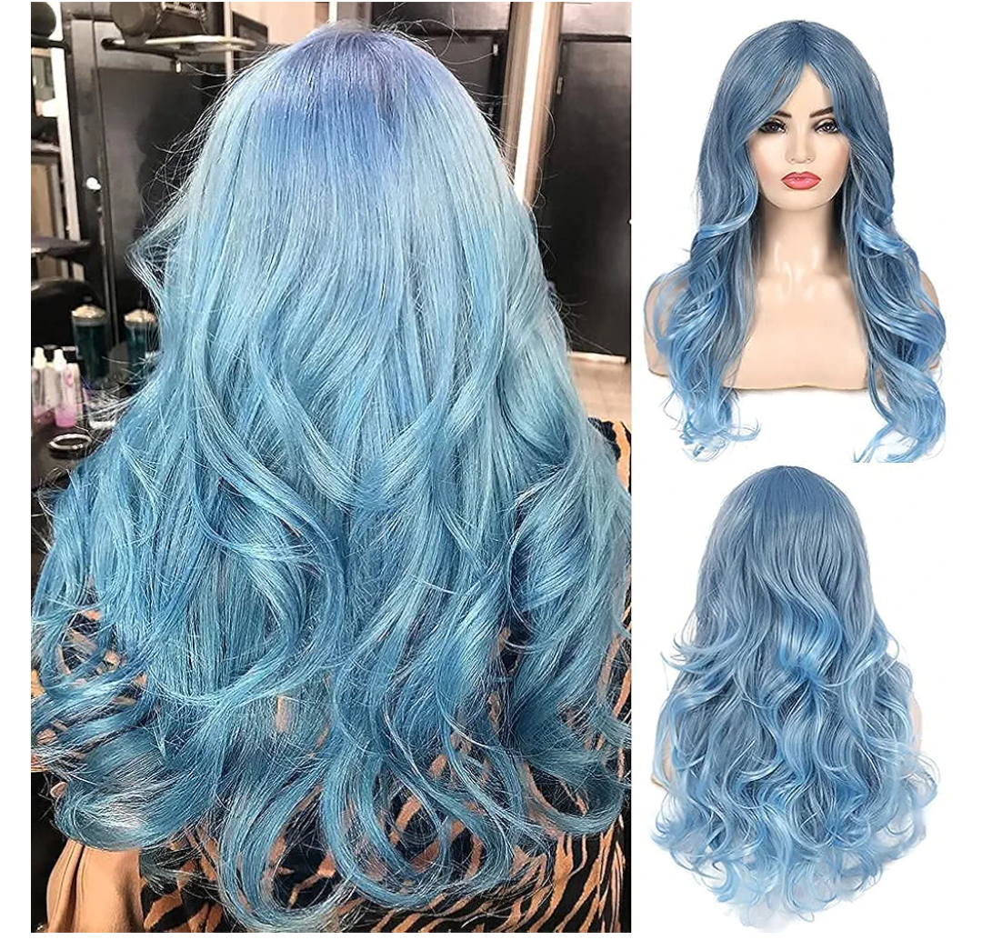 Blue Wig for Women Long Curly Wavy Pastel Blue Wig Side Part Synthetic Halloween Cosplay Wig