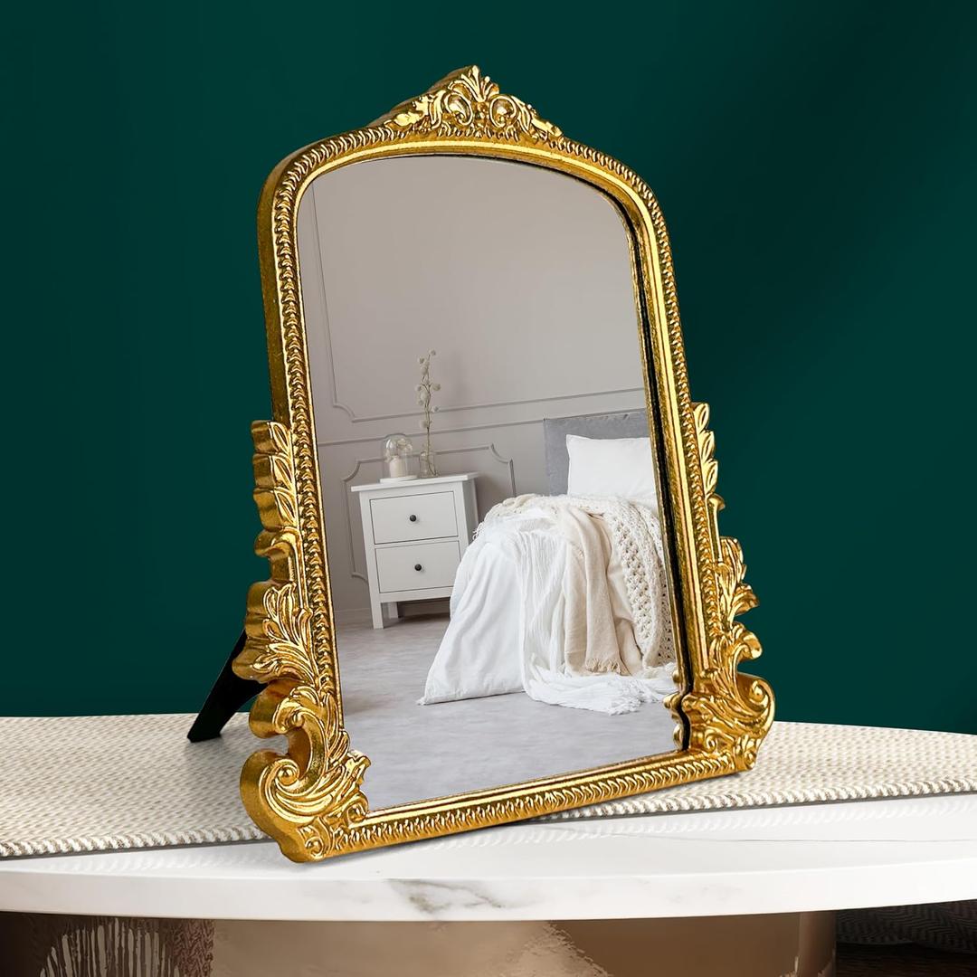 97 Decor Gold Vintage Wall Mirror - Small Gold Mirror for Tabletop and Wall Hanging, Antique Arch Frames for Desk, Small Decorative Mirrors Frame for Home Bedroom, Makeup Room Decor (11.8x9.6 Inch)