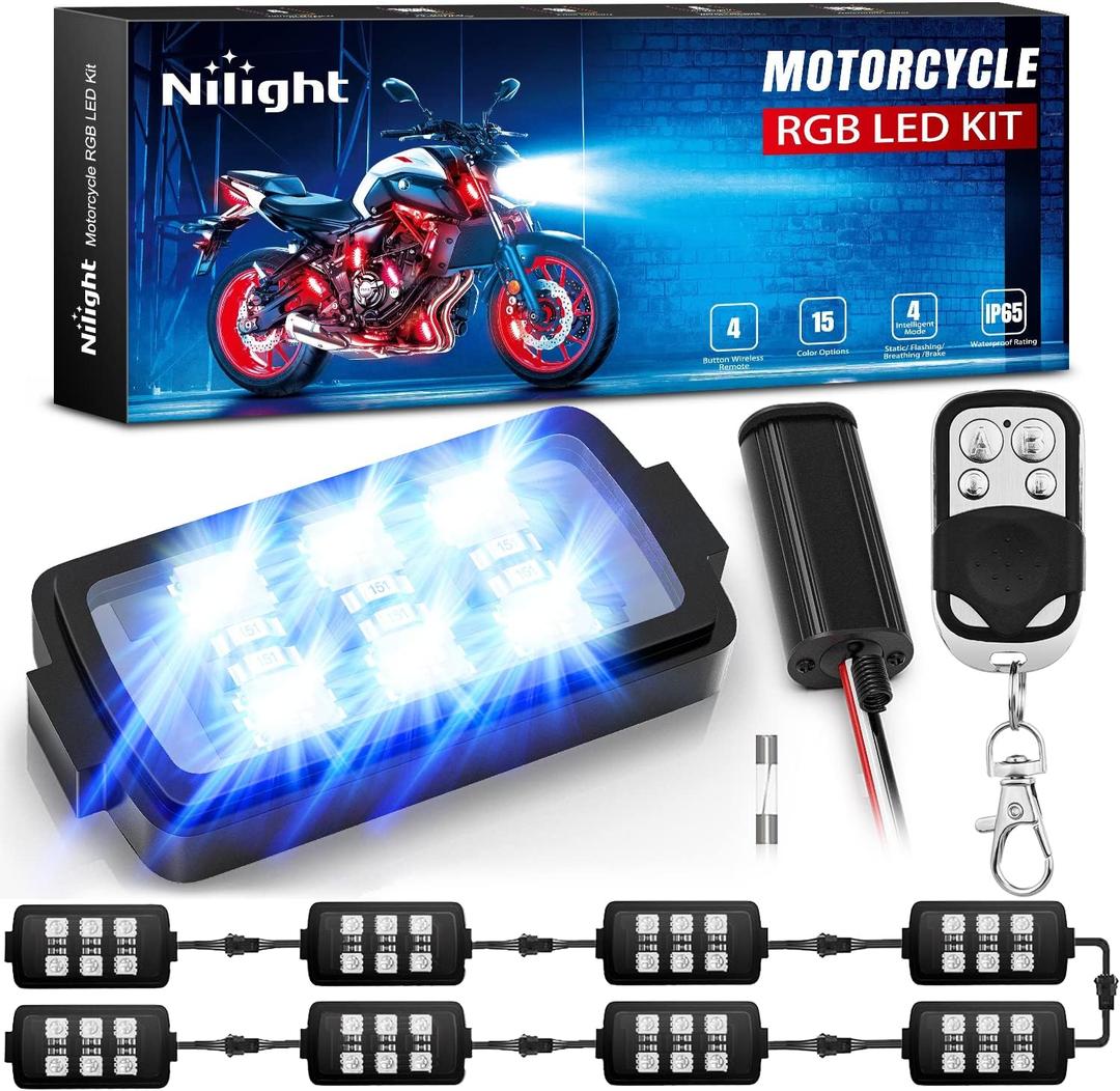Nilight 8pcs Motorcycle RGB LED Strip Lights Kit Multi-Color Neon Waterproof Atmosphere Lights with RF Wireless Smart Remote Controllers for Harley Davidson Suzuki