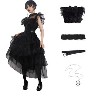 SHIKI Family Wednesday Costume Vintage Goth Black Raven Dance Dress Cosplay Women Girl Tulle Lace Skirt Halloween Party Outfit (XL-Dress)