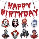 Horror Birthday Decorations, Horror Movie Halloween Decorations Includes 1Pc Happy Birthday Banner and 8Pcs Horro r Halloween Party Decorations Hanging Swirls, Horro r Movie Decor