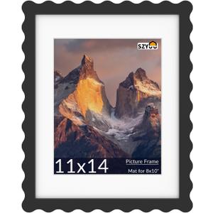 11x14 Wavy Picture Frame with Mat for 8x10, Real Glass and Wooden Frame - Tabletop or Wall Hanging Photo Frame(1 Pack, Black)