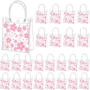 Tioncy 24 Pcs Cherry Blossom Clear PVC Gift Bags with Handle Transparent Sakura Goodie Treat Bags Cherry Blossom Party Favor Return Gift Wrap Tote for Snack Wedding Birthday Supplies, 8 x 8 x 3.15''