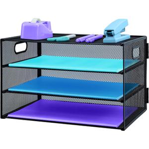 3 Tier Desk Organiser with Handle, Pull-Out Mesh File Organizer for Letter Tray Organizer Mesh Desk Organiser Tray Paper Storage Rack for A4 File Office Supplie, Black