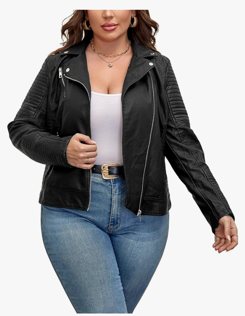 Geschallino Women's Faux Leather Jacket Plus Size Motorcycle Biker Clothes Outfits Short Fashion PU Coat,Size 5X
