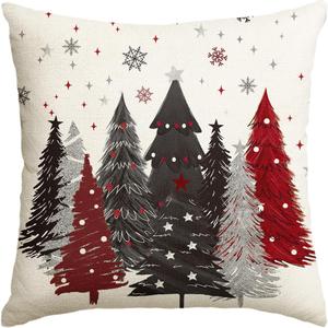 AVOIN colorlife Red and Black Merry Christmas Trees Snowflake Throw Pillow Cover, 18 x 18 Inch Seasonal Winter Holiday Cushion Case Decoration for Sofa Couch (White)