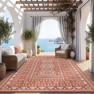 Garvee Reversible Outdoor Rug 9x12 for Patio, Waterproof Outdoor Area Rug, Modern Medallion Indoor Outdoor Rugs, Plastic Straw Rug for RV, Camping, Deck, Vintage Terracotta