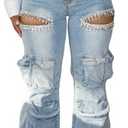 Women's High Waist Baggy Cargo Jeans Sexy Rhinestones Ripped Straight Wide Leg Denim Pants Y2K Streetwear with Pockets M