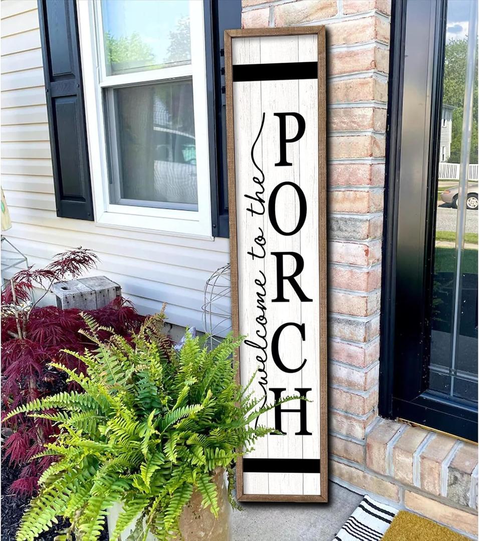Surfapans Welcome To The Porch Sign For Front Porch Standing 45"X9" Wood Frame Large Rustic Farmhouse Outdoor Tall Board Welcome Sign Modern Home Outside Front Door Vertical Wall Decor (Wood White)