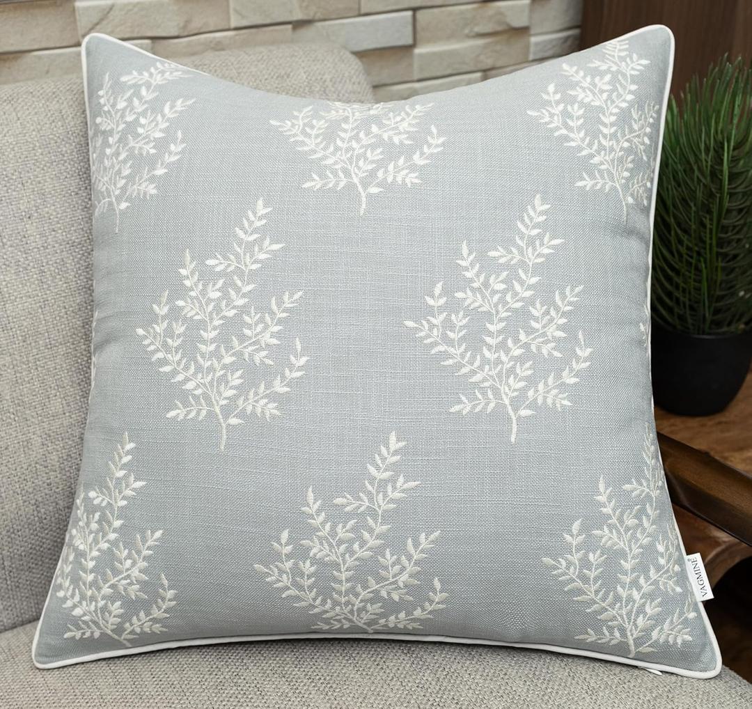 VAGMINE Embroidered Leaves Throw Pillow Cover - 18x18 Inches Square - 100% Cotton Robins Egg Decorative Cushion Cover - Coastal Inspired Leaf Stitch - Stylish Home Accent for Sofa, Couch, Bedroom, Pattern May Vary VAGMINE Embroidered Leaves Throw Pillow Cover - 18x18 Inches Square - 100% Cotton Robins Egg Decorative Cushion Cover - Coastal Inspired Leaf Stitch - Stylish Home Accent for Sofa, Couch, Bedroom, Pattern May Vary