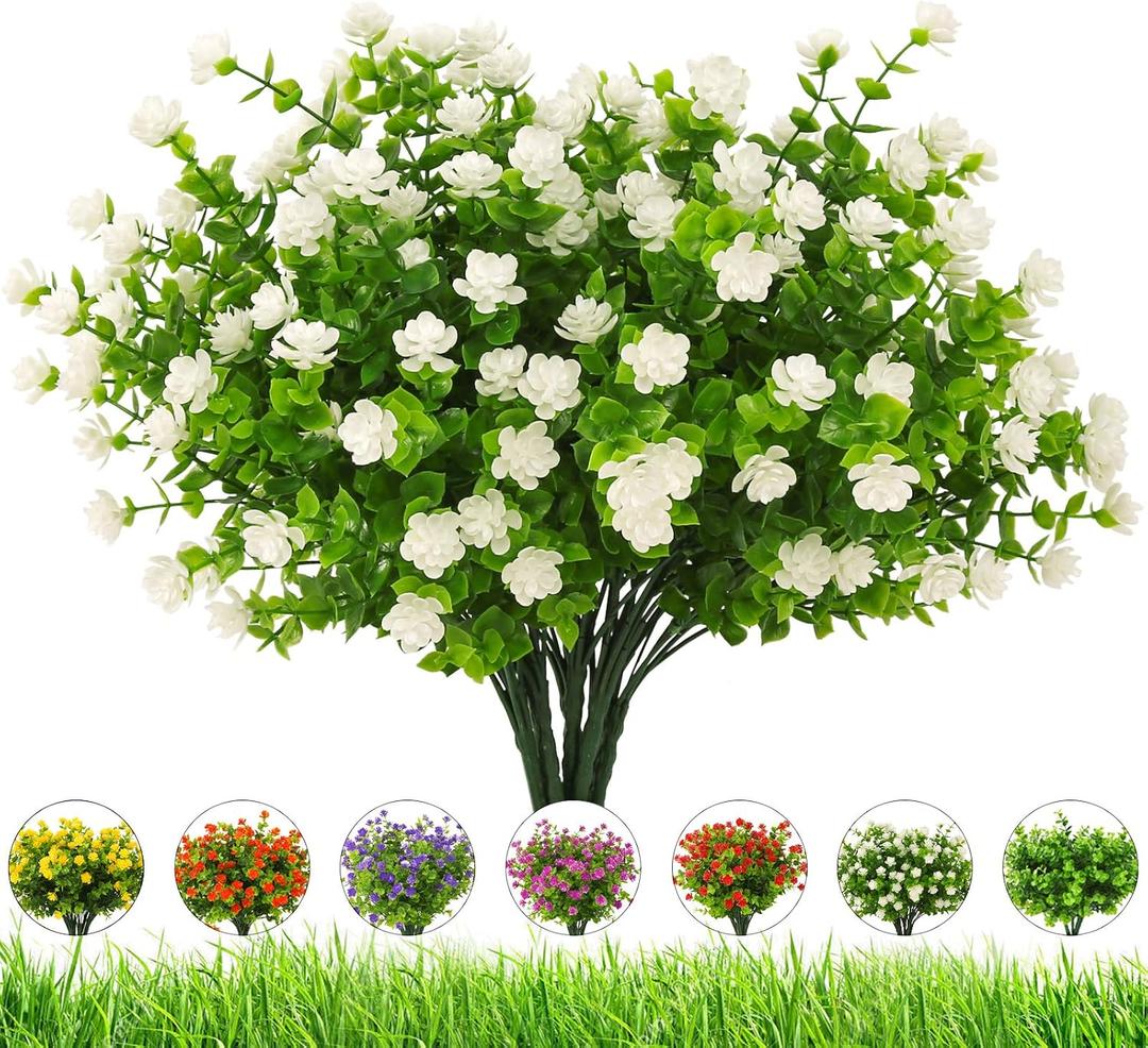Artificial Flowers Outdoor,UV Resistant Fake Flowers 20 Bundles Faux Outdoor Plants Plastic Flowers Greenery Bushes for Indoor Outside Home Porch Decoration (White)
