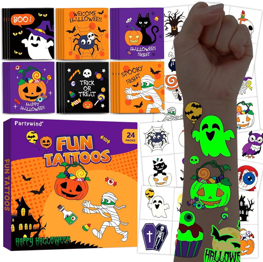 2 x 24 Pack Halloween Party Favors for Kids, 96 Pcs Luminous Tattoos & 48 Mazes Games for Halloween Goodie Bags Stuffers, Halloween Party Supplies Classroom Prizes Trick or Treat for Kids
