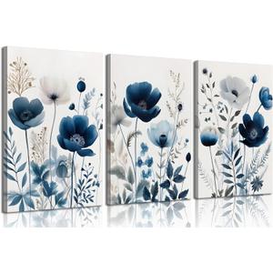 3Pcs Flower Canvas Wall Art Navy Blue Wildflower Wall Decor Pictures Modern Watercolor Boho Botanical Floral Posters Prints for Bedroom Living Room Home Decoration 12x16in