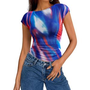 PRETTYGARDEN Women's Summer Floral Mesh Tank Tops 2025 Trendy Casual Cap Sleeve Slim Fitted Blouse Shirt Going Out Outfits (Blue, S)