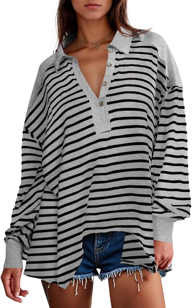 Tankaneo Womens Oversized Striped Sweatshirts Long Sleeve Polo Shirt Cotton Loose Fit Henley Tops Tankaneo Womens Oversized Striped Sweatshirts Long Sleeve Polo Shirt Cotton Loose Fit Henley Tops
