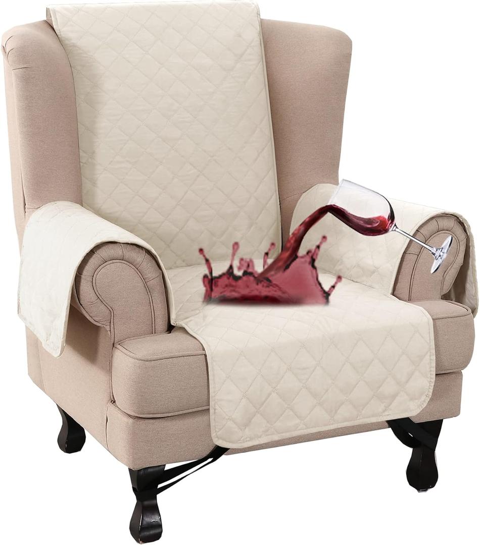 Turquoize 100% Waterproof Wing Chair Cover Wing Armchair Slipcovers Chair Couch Protector Triple Non-Slip Sofa Slipcover for Wing Chair Furniture Protector for Pets, Kids, Dog (Wing Chair, Ivory)