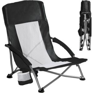 DUMOS Low Beach Chair for Adults, Lightweight Folding Beach Chair with Cup Holder, Storage Bag, Breeze Mesh Back, Padded Armrests, Compact Low Profile Chair for Camp, Picnic, Lawn, Sand