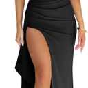Memoriesea Women's Sexy Plunge Neckline Bodycon Ruched High Slit Party Maxi Dress (Medium, Black)